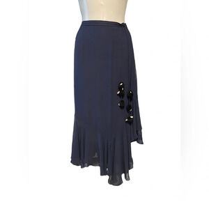 Valentino Silk Midi Skirt Navy Blue Pom Pom Seashell Tie Waist